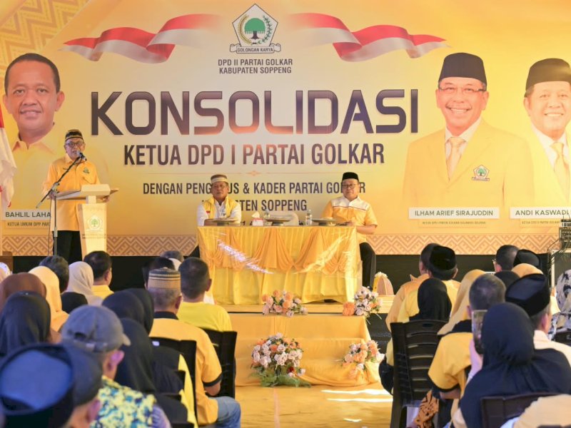 Ketua Terpilih DPD I Partai Golkar Sulawesi Selatan, Ilham Arief Sirajuddin (IAS), saat membuka Roadshow 2 DPD I Golkar Sulsel, di Kabupaten Soppeng,  Jumat (21/8/2026). @Jejakfakta/dok. Ist.