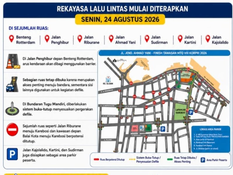 Dishub Makassar siapkan rekayasa Lalu Lintas menyambut lebih dari 1.600 peserta dan ofisial Musabaqah Tilawatil Quran (MTQ) VIII Korps Pegawai Republik Indonesia (KORPRI) Tingkat Nasional 2026. @Jejakfakta/dok. Humas Pemkot Makassar