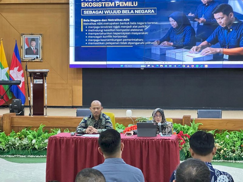 Ketua Bawaslu Sulsel, Mardiana Rusli, saat menjadi narasumber dalam kegiatan &ldquo;Etika dan Integritas Kepemimpinan Pancasila&rdquo; pada Pelatihan Kepemimpinan Pengawas (PKP) Angkatan I di Auditorium Sultan Hasanuddin, Pusjar SKMP LAN RI, Makassar, Senin (31/8/2026). @Jejakfakta/dok. Ist.