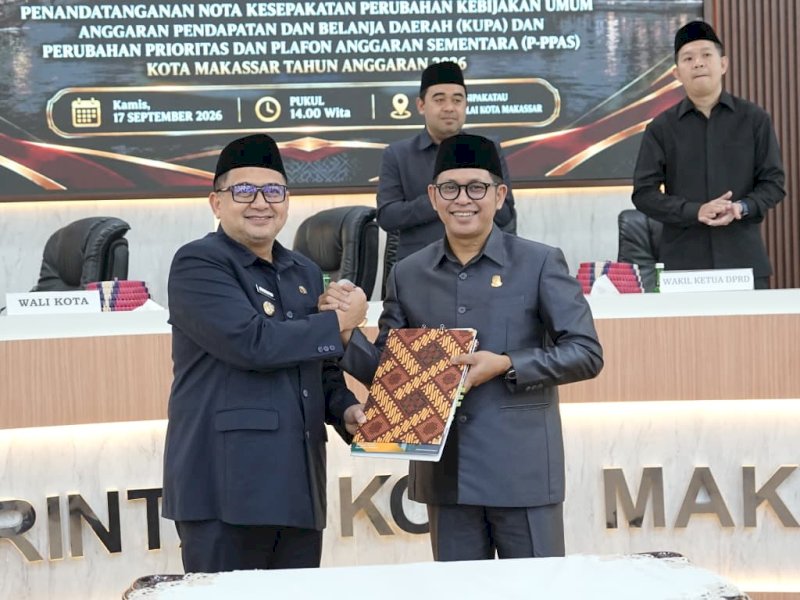 Pemkot Makassar bersama DPRD Kota Makassar menyepakati Perubahan Kebijakan Umum Anggaran Pendapatan dan Belanja Daerah (KUPA) serta Perubahan Prioritas dan Plafon Anggaran Sementara (PPAS) Kota Makassar Tahun Anggaran 2026 di Aula Sipakatau, Kantor Balai Kota Makassar, Kamis (17/9/2026). @Jejakfakta/dok. Humas Pemkot Makassar