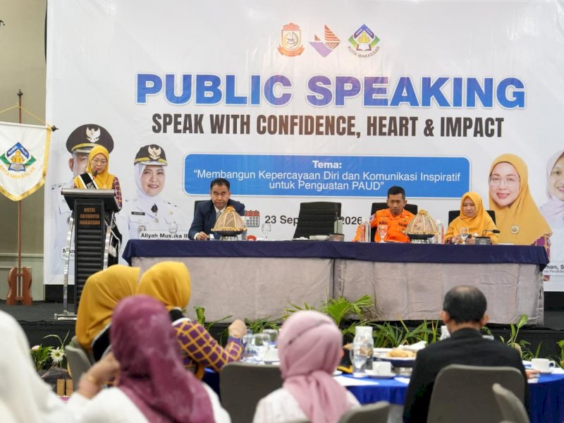 Public Speaking yang digelar Pokja Bunda PAUD Kota Makassar dengan mengangkat tema &ldquo;Speak with Confidence, Heart & Impact: Membangun Kepercayaan Diri dan Komunikasi Inspiratif untuk Penguatan PAUD&rdquo; di Hotel Aryaduta Makassar, Rabu (23/9/2026). @Jejakfakta/dok. Humas Pemkot Makassar