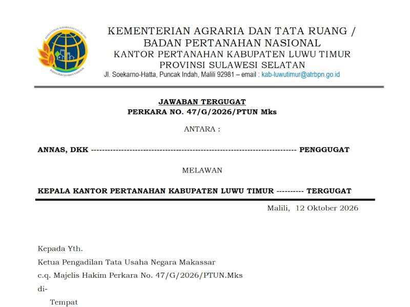 Jawaban tergugat BPN Luwu Timur, t dugaan tidak adanya verifikasi lapangan sebelum penerbitan HPL di Luwu Timur. @Jejakfakta/TangkapanLayar