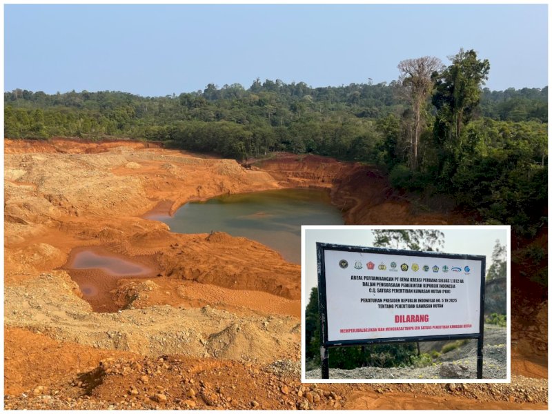 Bekas tambang nikel PT Gema Kreasi Perdana (GKP) di Pulau Wawonii, Sulawesi Tenggara, belum tuntas, yang belum direklamasi, dan Satgas PKH memasang patok dan plang penguasaan pemerintah di atas lahan yang mereka klaim sebagai milik warga. @Jejakfakta/dok. IST.